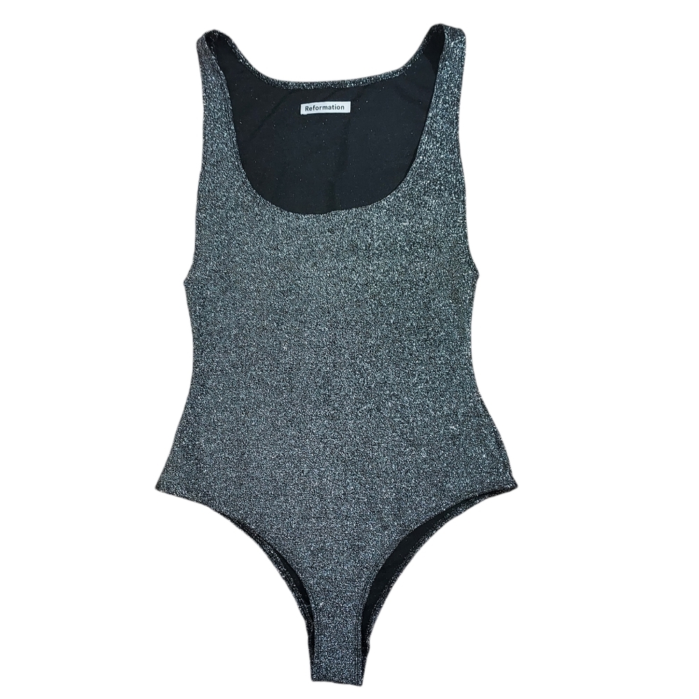 Reformation Saturn silver metallic stretch bodysuit S